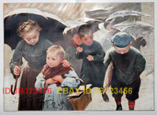 Brother & Sister Leaving School Rain, HUGE Antique Color 1890s Folio-Sized Print picture