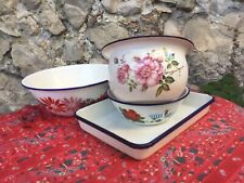 4 Vintage French Enamelware Bowls Tray Enamel Floral Blue Rimmed Graniteware Set picture
