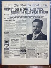 VINTAGE NEWSPAPER HEADLINE TEDDY ROOSEVELT SHOT MAKES SPEECH WOUND BLEEDING 1912 picture