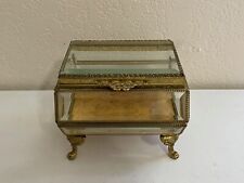 Vintage Brass & Beveled Glass Jewelry Casket Box on Cabriole Claw Feet picture