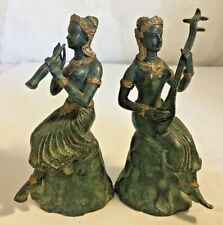 Pair Vintage Gilt Bronze Thai Females Playing Lute and Flute Figures picture