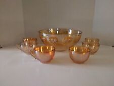 Vintage Peach Luster Iridescent Egg Nogg Punch Bowl and 6 cups picture