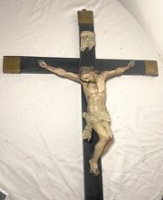 LARGE antique 18th century carved wood religious Jesus crucifix cross sculpture picture