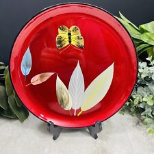 Vintage Red Lacquer Ware Round Tray Butterfly Leaf 10” Asian Enesco picture