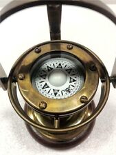 Antique vintage handmade nautical gimbal brass navigational compass wooden base. picture