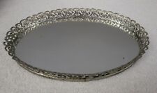 Vintage Goldtone Metal Filigree Oval Mirrored Vanity Tray  picture
