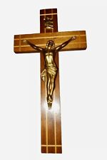 Crucifix Italian Brass Color Lined Wood Jesus 1960s Handmade Vintage  picture
