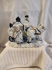 🔥 VICTORIAN WOMAN ARRIVING IN BLUE & WHITE HORSE DRAWN CARRIAGE GOLD TRIM AS-IS picture