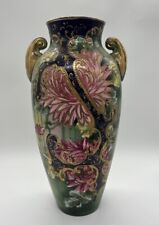 Antique Hand Painted Vase - 16.5”  Tall - Green Gold Navy Blue Unmarked READ picture