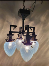 C1905 Iron Hanging Ceiling Fixture Light Blue Opal Swirl Shades RESTORED - READ picture