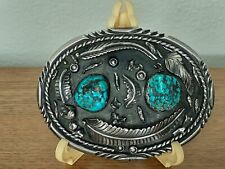 Vintage Old Pawn Navajo Sterling Silver Turquoise Heavy Belt Buckle SIGNED LM  picture