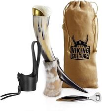 Viking Culture 16 Oz. Viking Drinking Horn W/ Beer Opener Stand Genuine Leather picture