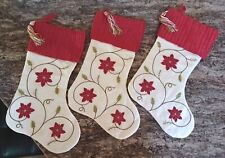 3 Embroidered Poinsettia Tassel Fabric Christmas Holiday Stocking Lined Set picture