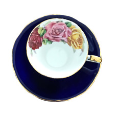 Vtg Aynsley Cobalt Blue Gold Trim 3 Rose Tea Cup Saucer Bone China England 1930s picture