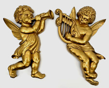 Vintage Syroco Hollywood Regency Ornate Gold Tone Heralding Cherubs Wall Plaques picture