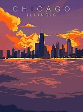 Chicago Illinois at sunset Retro Travel Art Deco Poster Print picture