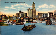 Vintage 1944 View of Baltimore Upper Harbor, Barge, Tugboat Maryland MD Postcard picture