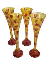 Vintage Delicate Set of 4 Yellow Red Floral Hand Painted Champagne Flutes 11