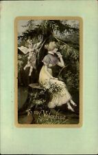 Valentine ~ Cupid behind Edwardian woman ~ fashion ~ 1912 E Cramer Oriskany NY picture