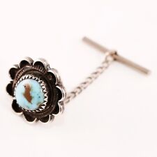 OLD PAWN STERLING SILVER BLUE TURQUOISE SCALLOPED EDGE ROPE BORDER TIE TACK picture