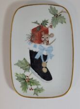 Darling Artist Signed Vintage Christmas Mouse Trinket Tray Kitschy Gold Rim  picture
