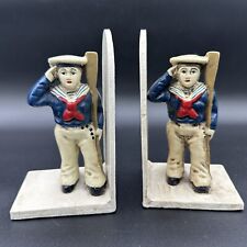 Vintage Cast Iron Saluting Sailor Bookends Hand Painted Nautical US Navy picture