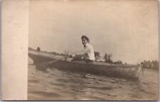 c1910s Real Photo RPPC Postcard Lake Boating Scene / Young Man in Row Boat picture