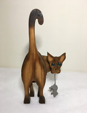 Whimsical Primitive Handcrafted Wooden Cat with Hanging Mouse 12.5