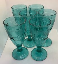 Vintage Pressed Glass Goblets Luminarc France 80s Footed Aqua Blue Fruit Motif picture