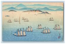 1955 Hand Painted Drawn Chinese Sailboat Ships Harbor Scene Advertising Postcard picture
