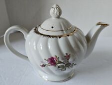 Vintage Marco White Tea Pot W/ Lid Pink Rose Bud Flowers Gold Trim Swirl Pattern picture