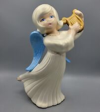 Vintage Atlantic Mold Ceramic Angel With Harp Blue Gold Mica Wings Statue     picture