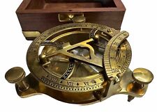 Vintage Nautical Brass Compass Sundial & Vernier + Wooden Box Made in India  picture