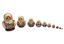 Vintage 10 pcs Russian Nesting Doll Matryoshka Floral Black Burgundy Gold Signed picture