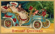 Antique 1912 POSTCARD - Beautiful EMBOSSED Birthday Card Colorful Roses Car picture