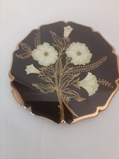 Vintage Stratton Powder Mirror Compact Enamel Black  & Gold W/ White Flowers picture