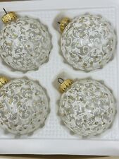 VTG POLAND Christmas Blown Glass Ornaments Clear White Glitter Floral Lot of 4 picture