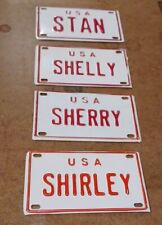 Vintage White and Red Bicycle Bike License Name Plates Tag USA S picture
