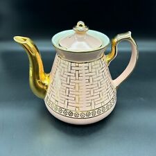 Vtg Hall Philadelphia Basket Weave Pink Gold Teapot 6 Cup USA Pottery picture