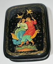 Vintage Signed Russian Lacquer Trinket Box Hand Painted Hinged Top Black And Red picture