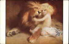 Tade Styka Child Hugging Roaring Lion Surreal Fantasy Vintage Postcard picture