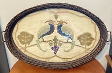 Antique 1915 Beaded Crewel Wicker Tray Brass Handles, Birds/Grapes, Signed/Dated picture