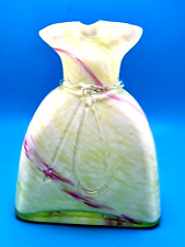 Hand Blown Glass Vase Green White Pink Gift Bag Shape Ribbon Preowned Nice picture