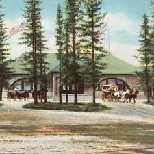 Oregon Short Line Depot Postcard 1920s West Yellowstone Park Montana Horses B802 picture
