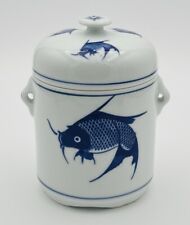 Vintage Asian Ceramic Cobalt Blue & White Koi Fish Covered Cannister Jar 7.75” T picture