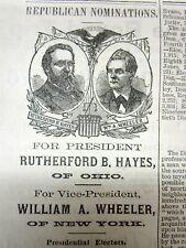 1876 newspaper w illustrated JUGATE Ad Republicans HAYES & WHEELER for PRESIDENT picture
