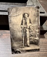Antique Tintype Armed Cowboy Chaps Gloves & Holding Rifle - Native American ?? picture