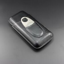 Black PU Leather 3 Ct Cigar Case With Stainless Steel Cutter Fits 54 Ring Gauge picture