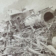 Antique 1889 The Great Train Derailment Rail Wreck Stereoview Photo Card Q2268 picture