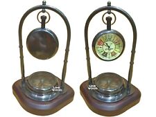 Nautical Brass Table Clock Desk Clock Watch With Wooden Base Direction Compass picture